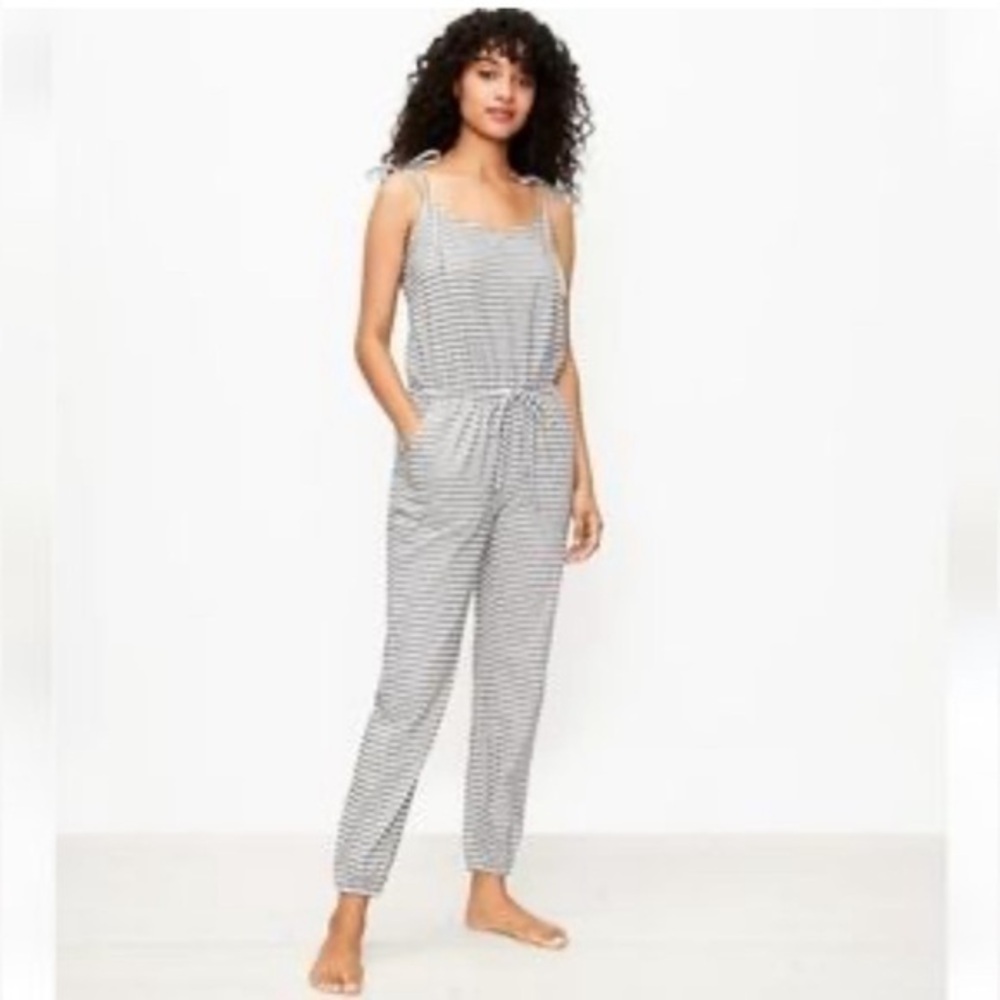 Women's LOFT Striped Pajama Stripe Cotton Sleeveless Romper Jumpsuit Cream Black